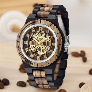 Men's Wooden Watch Skeleton Automatic Movement Wood Watch Self-Winding Watches